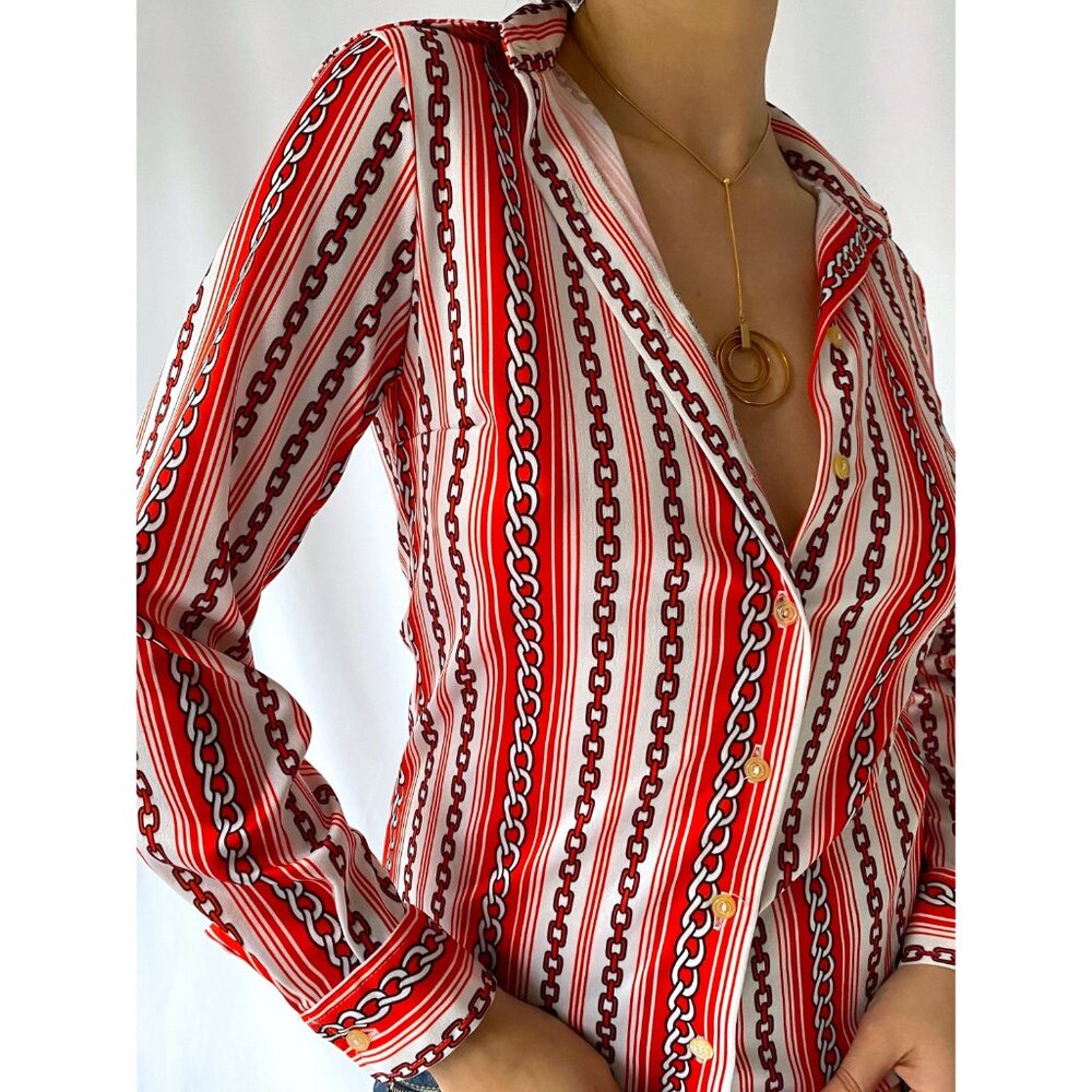 70s vintage red chain striped novelty print collared button up blouse shirt - Picture 2 of 9